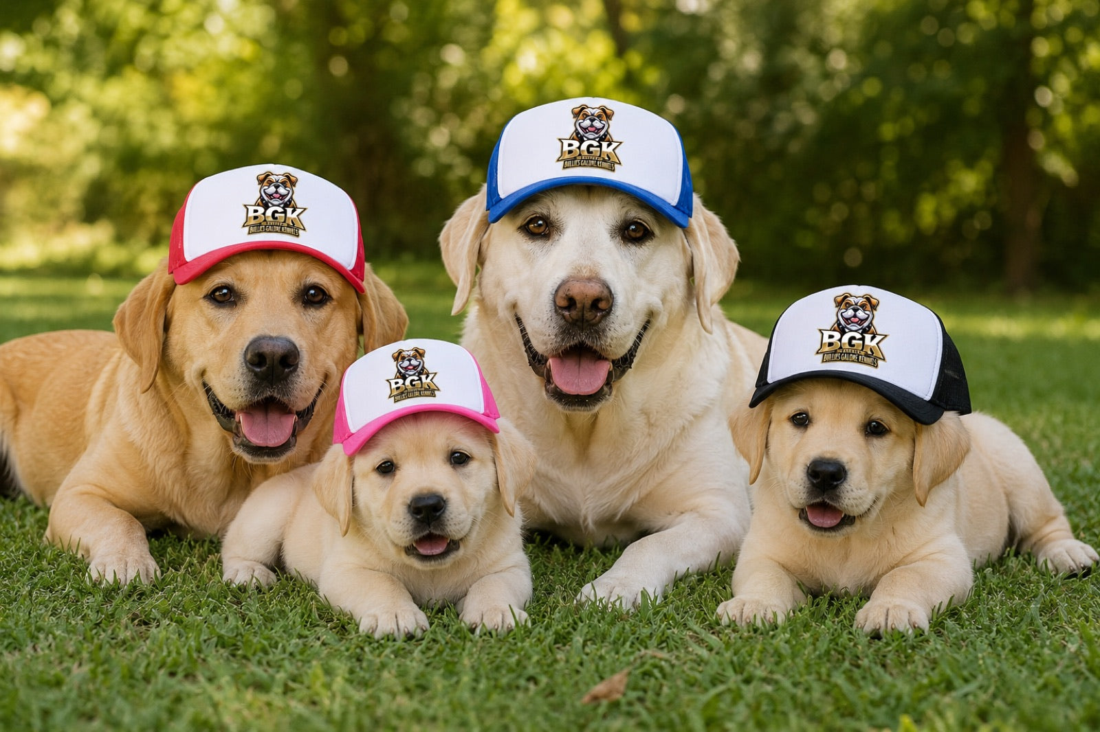 Four labradors of different ages wearing BGK trucker hats in red, blue, pink and black