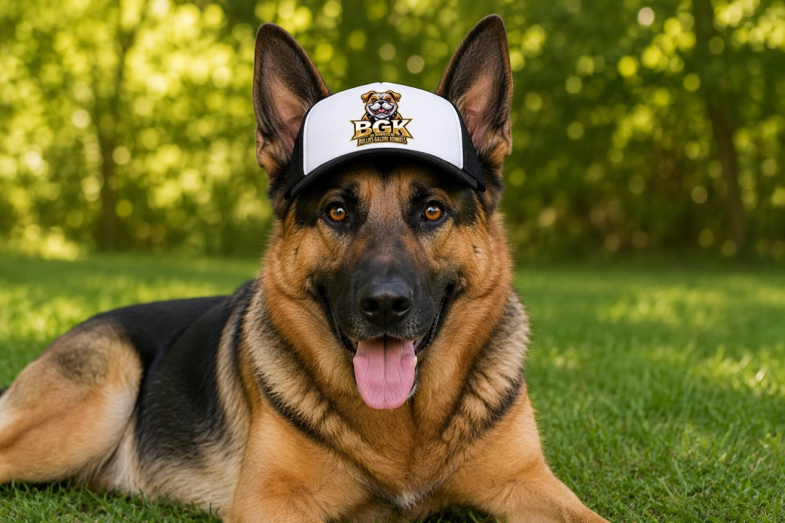 A german shepherd wearing the BGK trucker hat in black